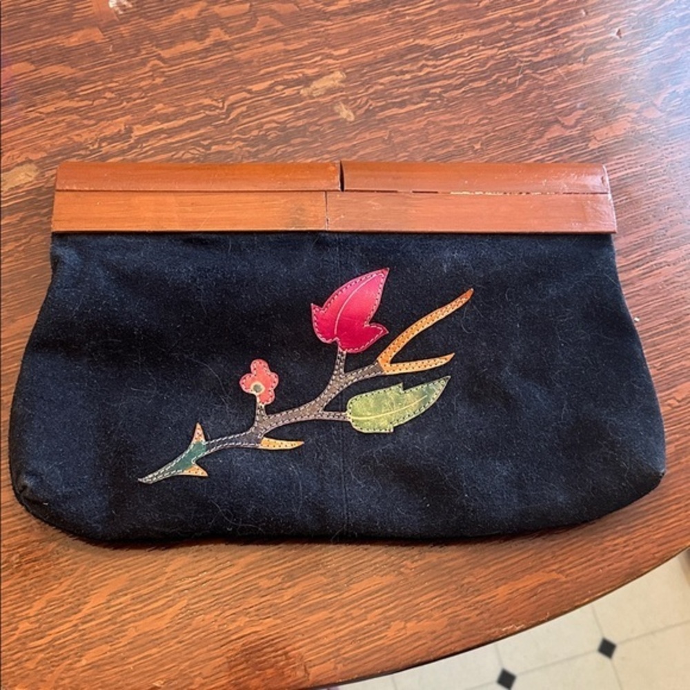 Vintage Black Suede Floral Leather Wood Handle Large Clutch Purse XC